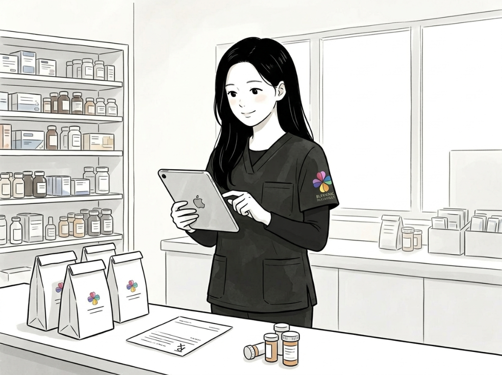 iPadで業務記録を確認する薬剤師のイラスト
